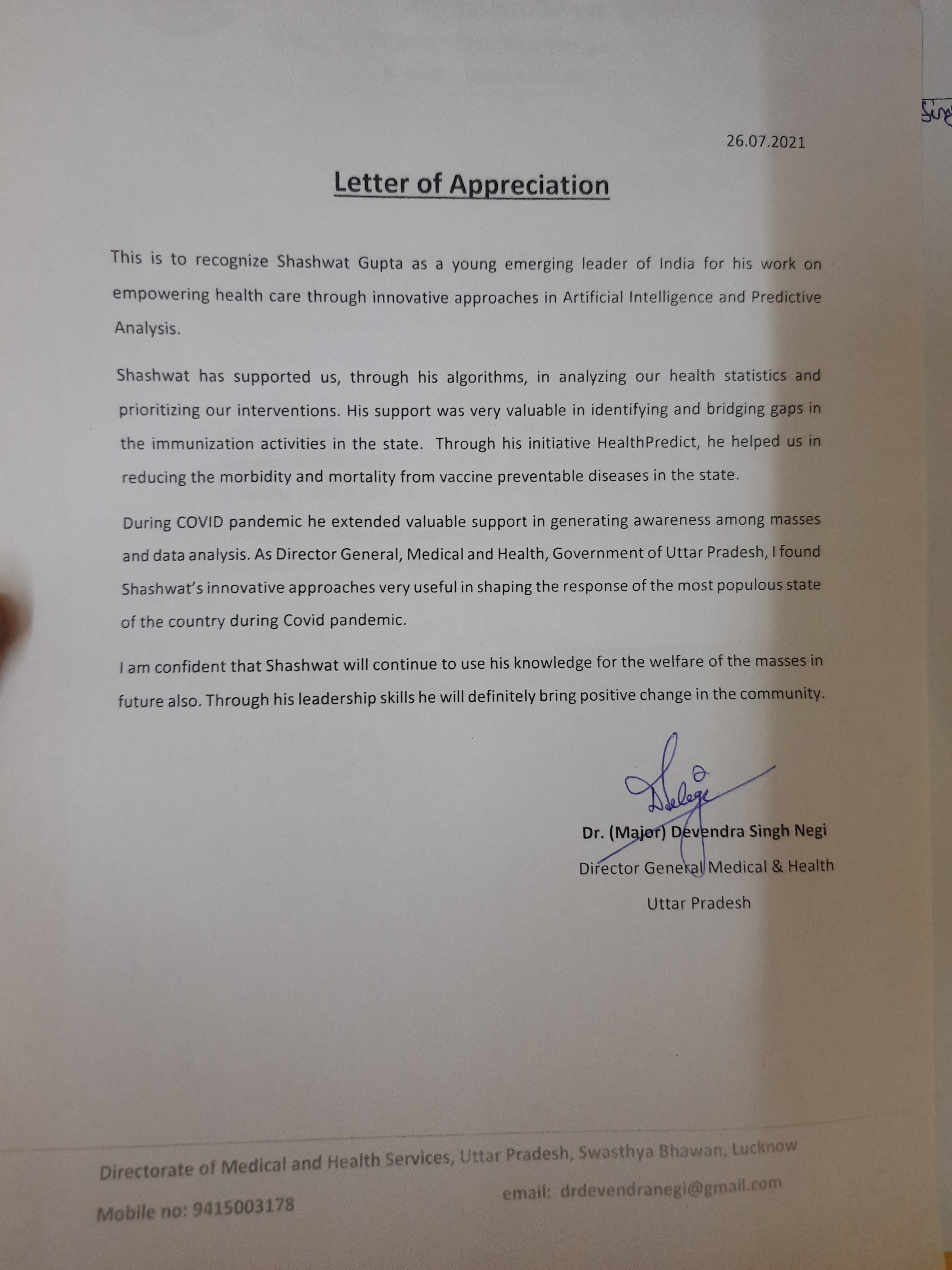 Testimonial from Director General, Medical & Health UP